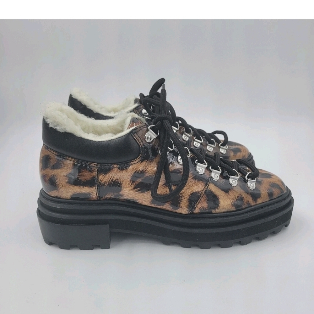 Schutz Lucille Leopard Patent Faux Shearling Ankle Boots 7B Lug Sole Block Heel - Picture 11 of 11